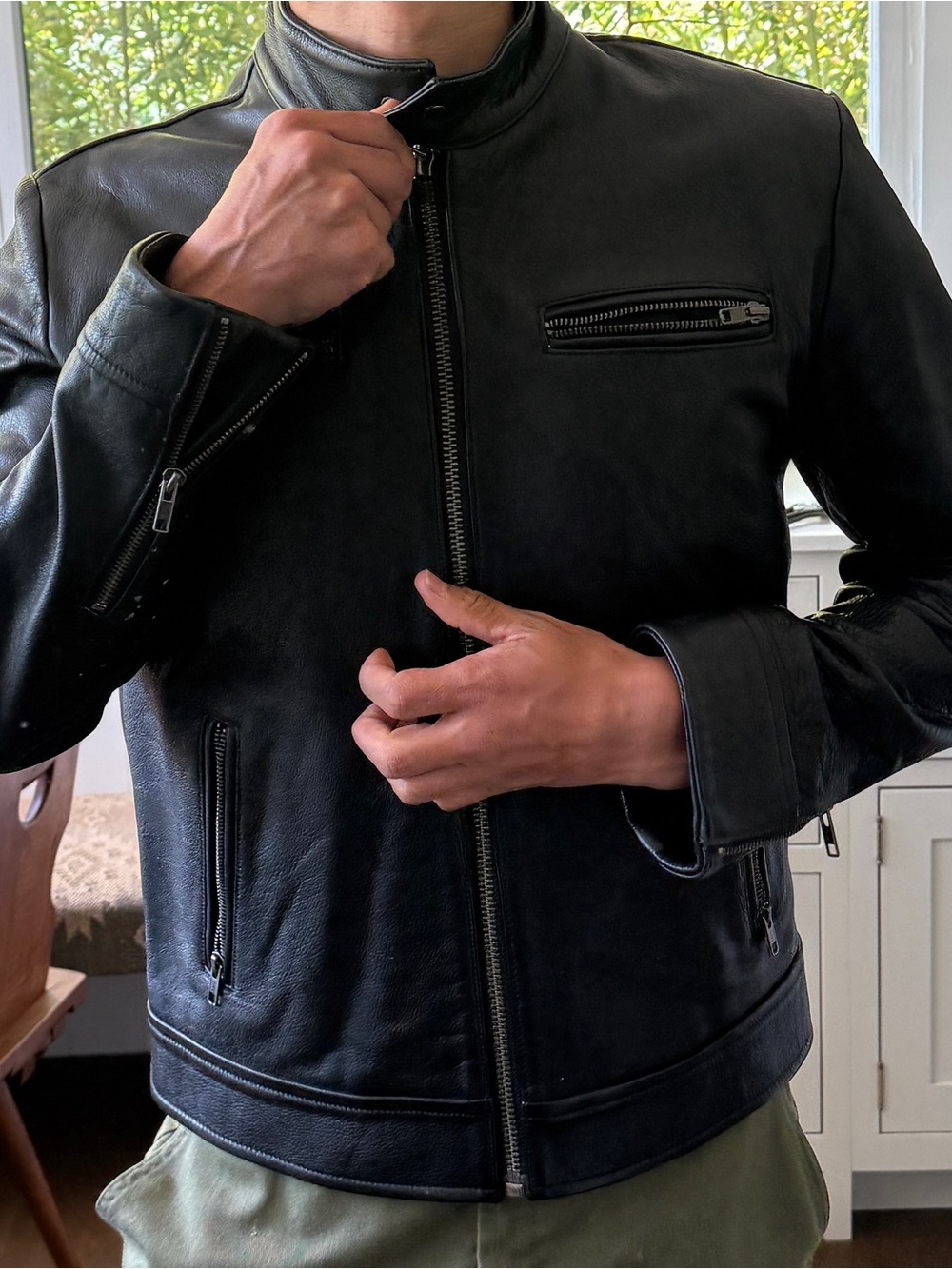Men's Black Leather Bomber Jacket with Zip Pockets